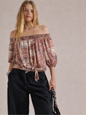 lovestitch Rust and Cream Off-Shoulder Tie-Front Peasant Top